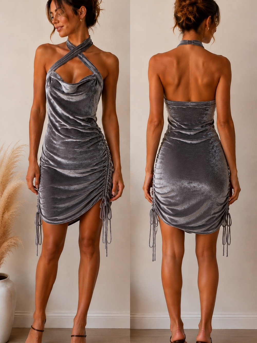 Papermoon Crisscross Velvet Mini Dress in Silver Gray Small, med and large avail